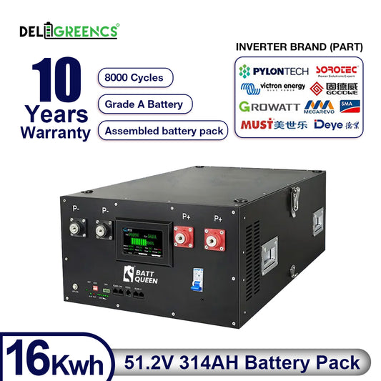 Pre-assembled 16kWh 51.2V 314AH LiFePO4 Solar Battery Pack with JK 16S 200A BMS, Air Circuit Breaker(Stackable)