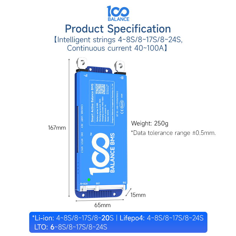 Daly 250A WiFi & Bluetooth BMS for LiFePO4 Batteries, Active Balancing, 4S to 24S, 12–48V, 100–500A