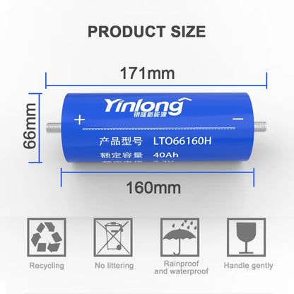 Yinlong -2.3V 40Ah Titanate Battery Cylindrical LTO Cell