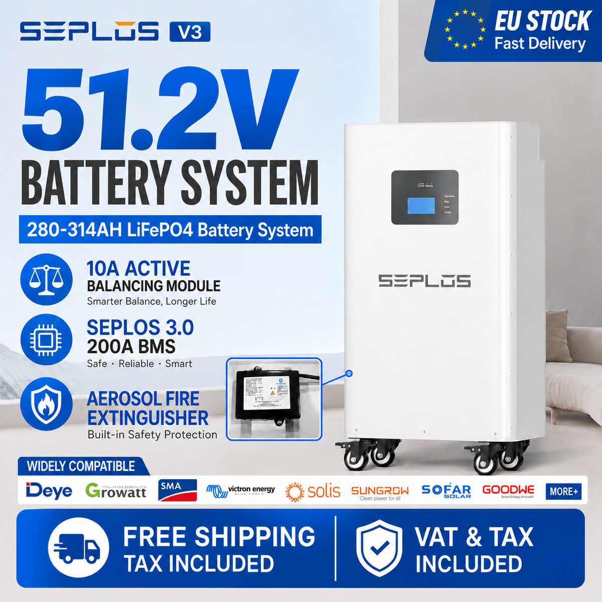 Seplos V3 With Cells -  Seplos 51.2V 314Ah LiFePO4 DIY Battery Kit – New Version with Fire Extinguisher 200A BMS, 10A Active Balancer