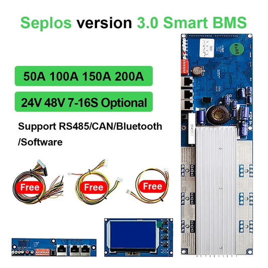 Lifepo4 3.0 Seplos Smart BMS 16S 50A 100A 150A 200A 48V CAN/RS485 Battery Protection Board Lithium Ion Type A Batteries Inverte